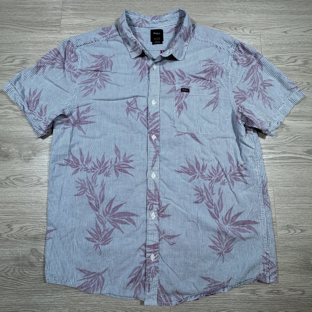 RVCA Mens Button Up Shirt Blue White Striped Tropical‎ Palm Leaf XL Regular Fit